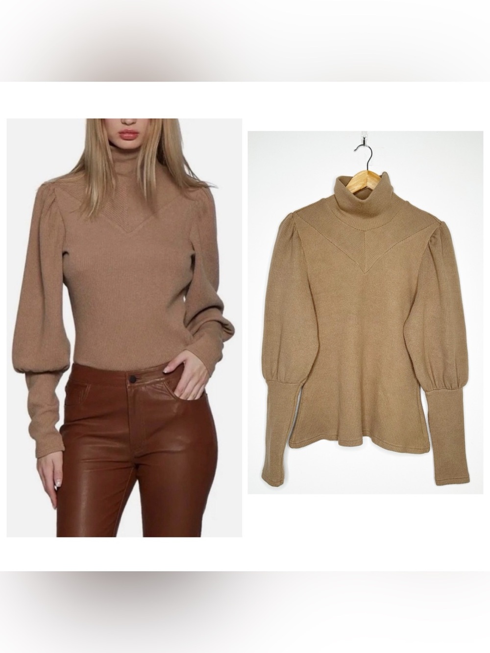 Walter Baker Brown Ribbed High Neck Puff Sleeve Knit Sweater Size Large